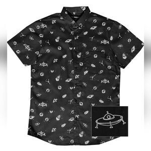 Molokai Surf Shop Cotton Black & White Spaceship Short Sleeve Button Up Shirt